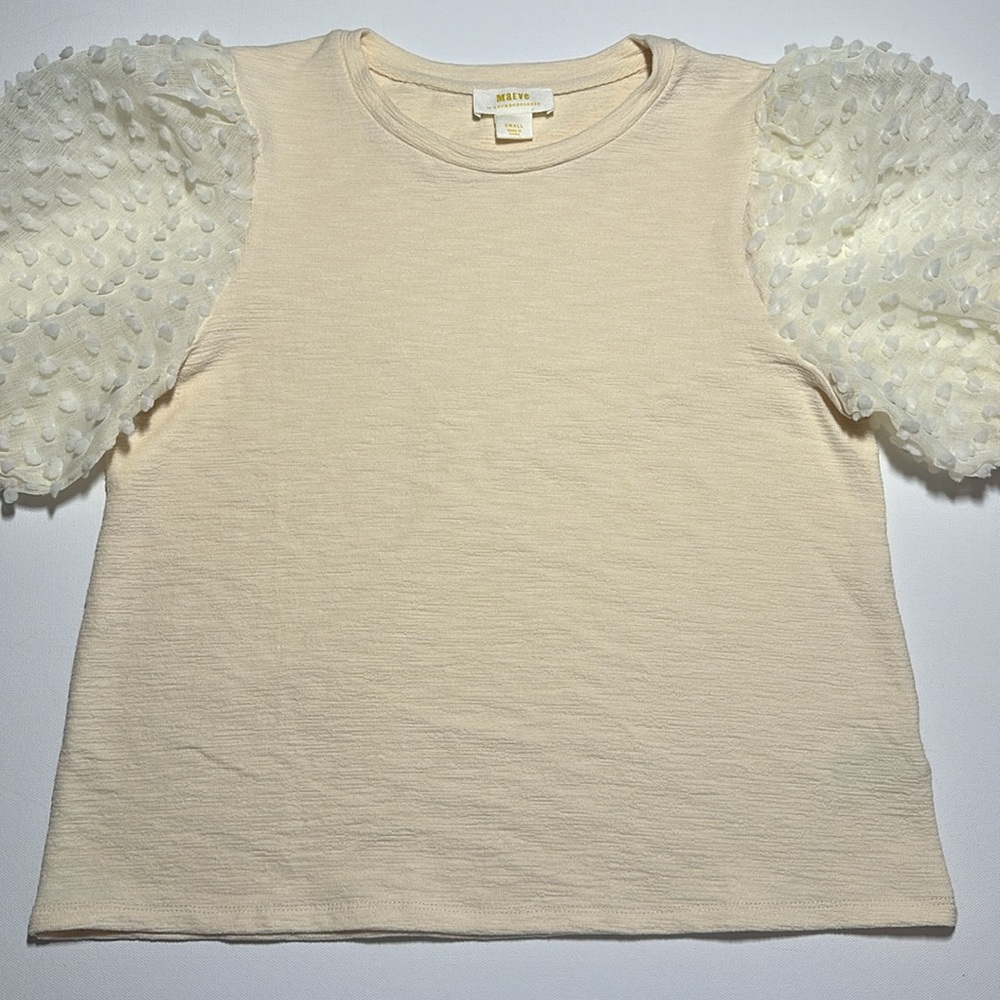 Maeve by Anthropologie Ivory Sheer Puff Short Sleeve Shirt Top - Womens Small - Picture 6 of 14